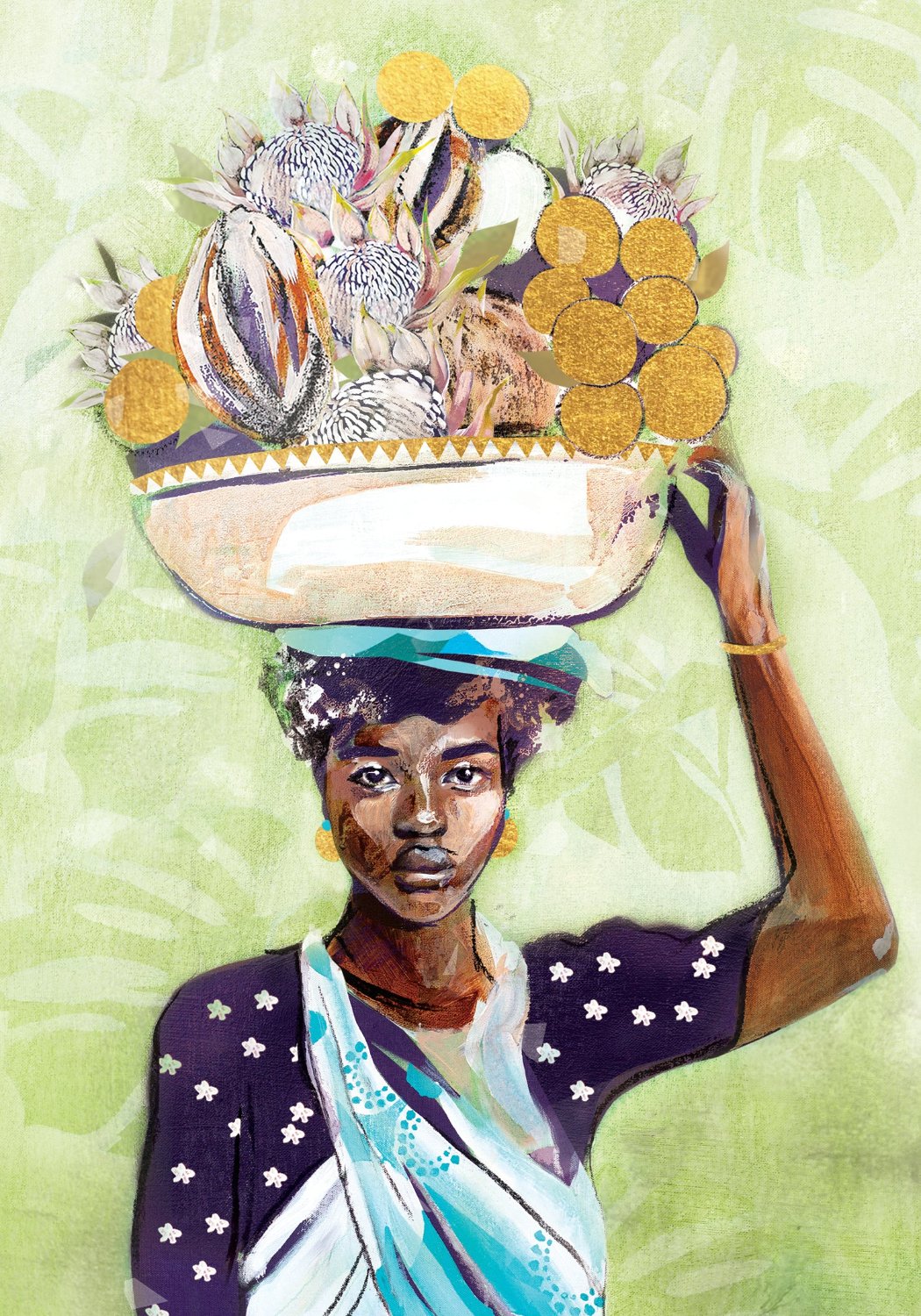 Artwork with a woman holding a basket of fruit on her head.