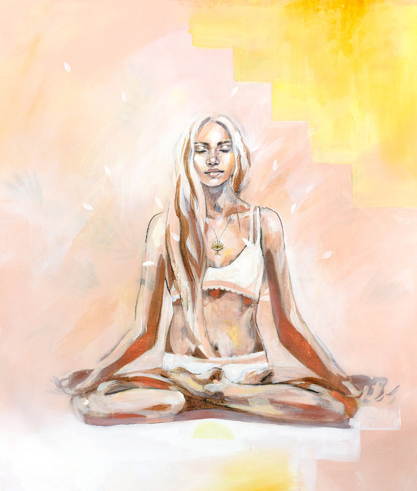 Girl in yoga lotus pose meditating. Soft yellow and pink. Feminine with petals