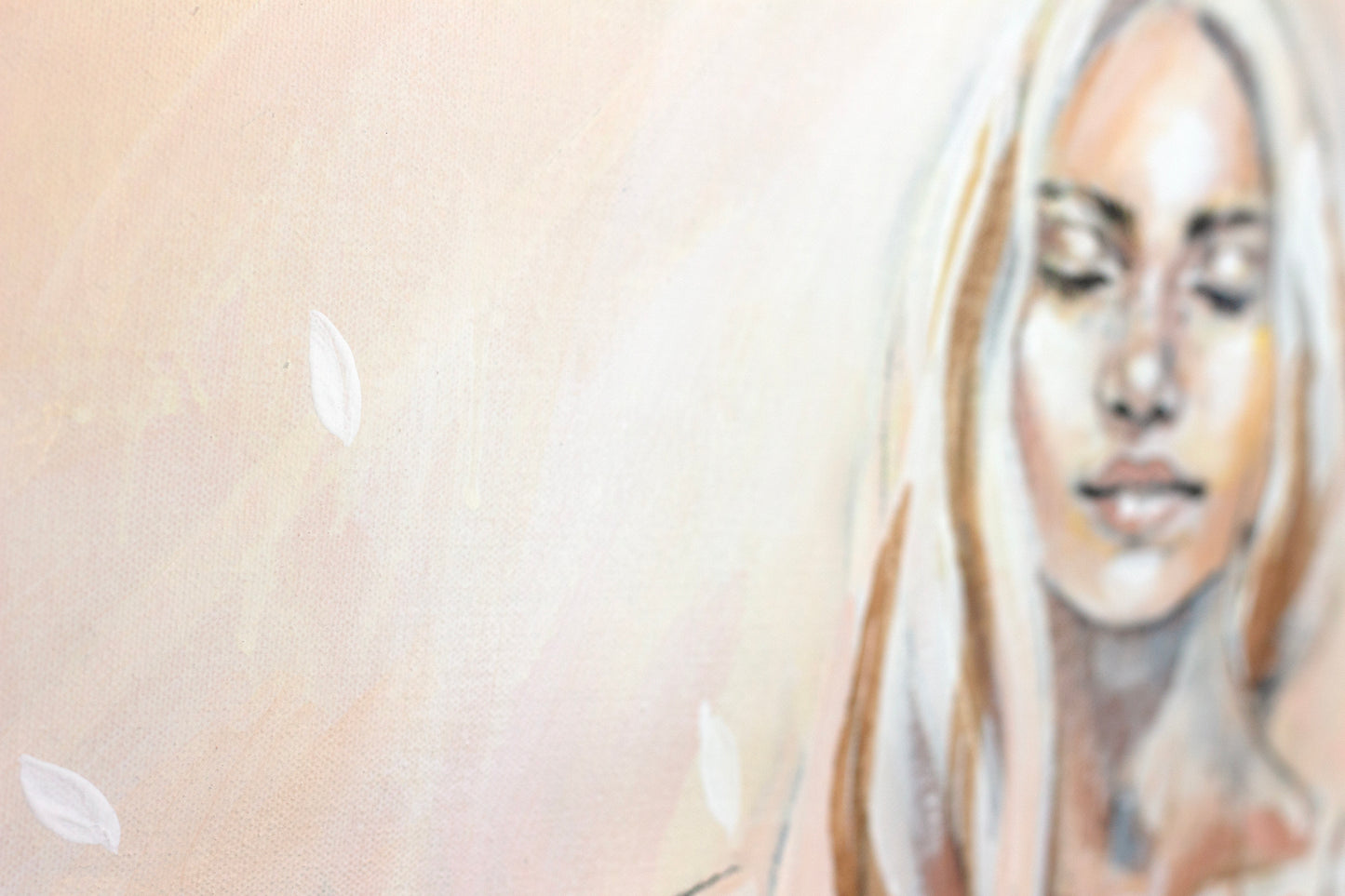 Close up details of petals in painting Apricot Glow with the woman's face out of focus.