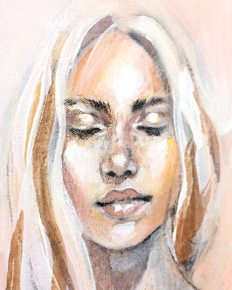 Painting close up detail of a womans face with canvas texture showing. Painted in soft pastels