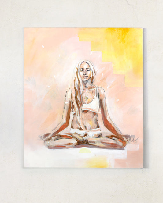 Painting of a woman in lotus pose in apricot and pinks. Petals float from her heart.