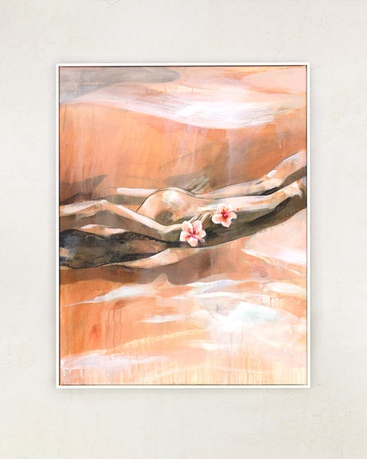 Sienna underwater painting with a girl swimming. Flowers floe beside her. Framed in a white frame on a white wall.