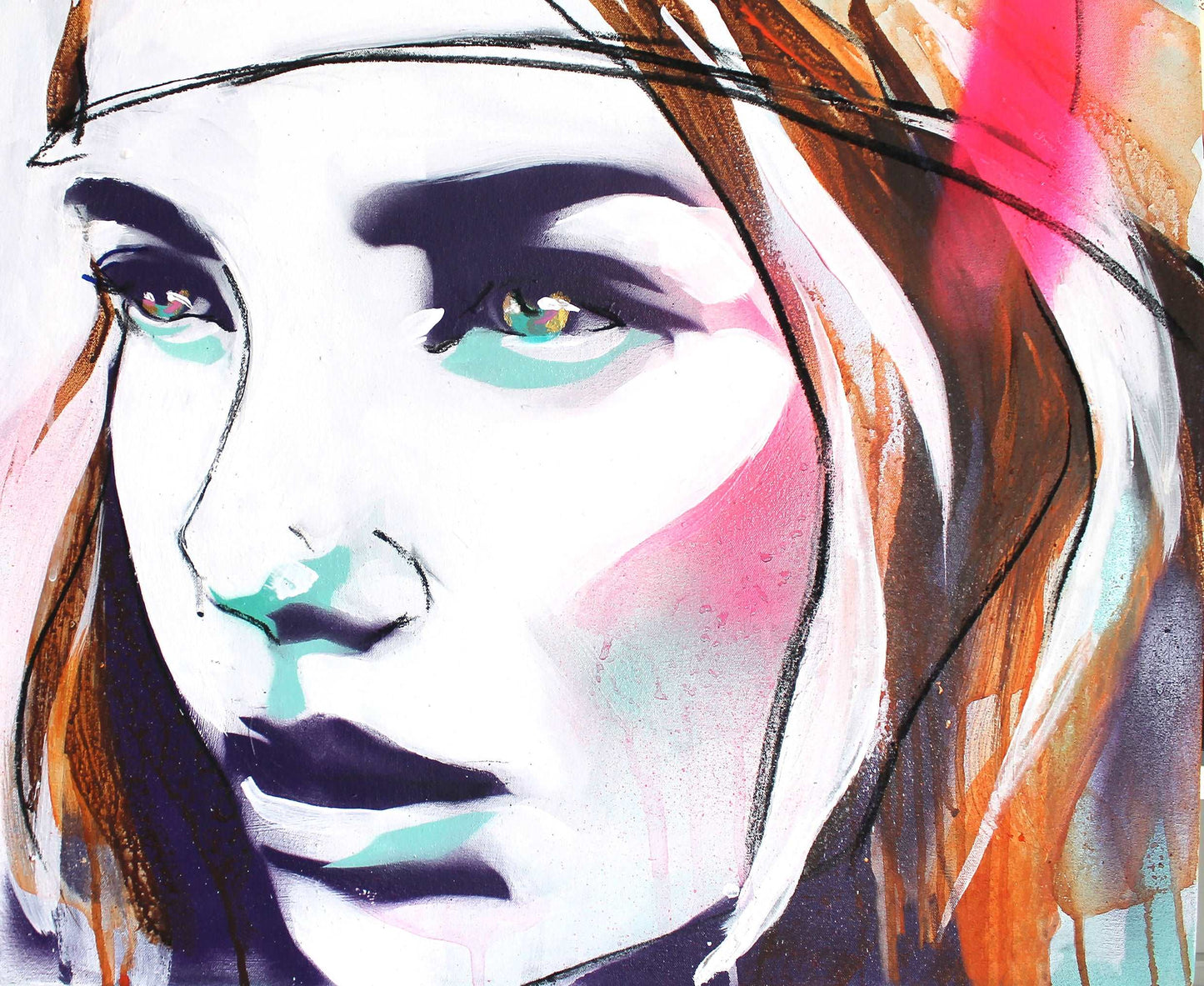 Portrait art print of a young woman in a bohemian street art style. Neon pink and turquoise.