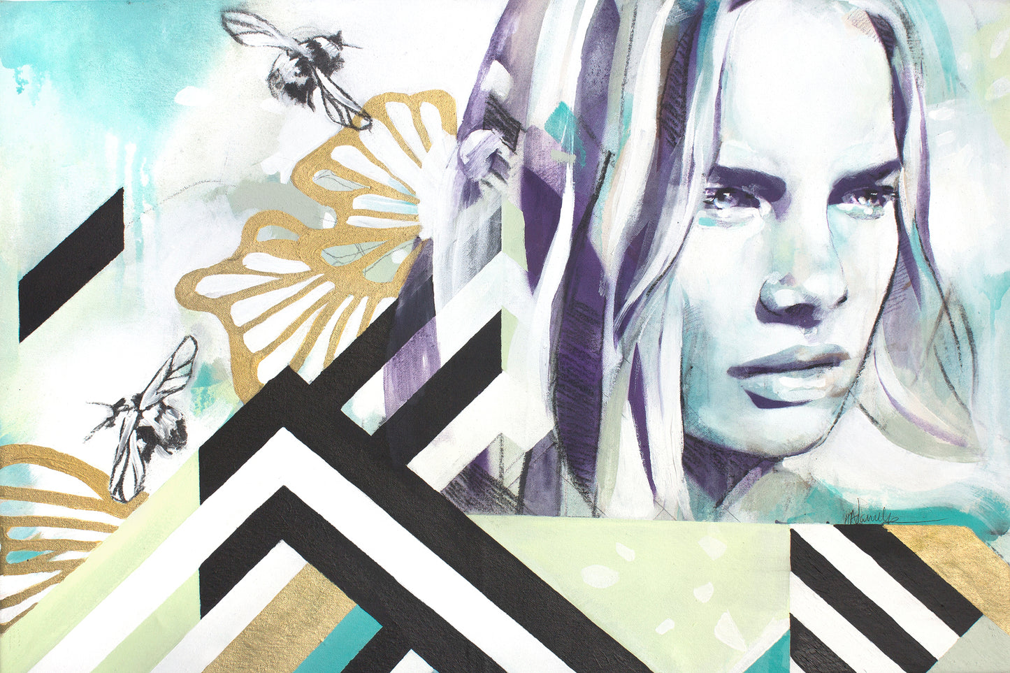 Portrait painting of a free spirit bohemian woman with nature. Geometric shapes and elements of nature together.