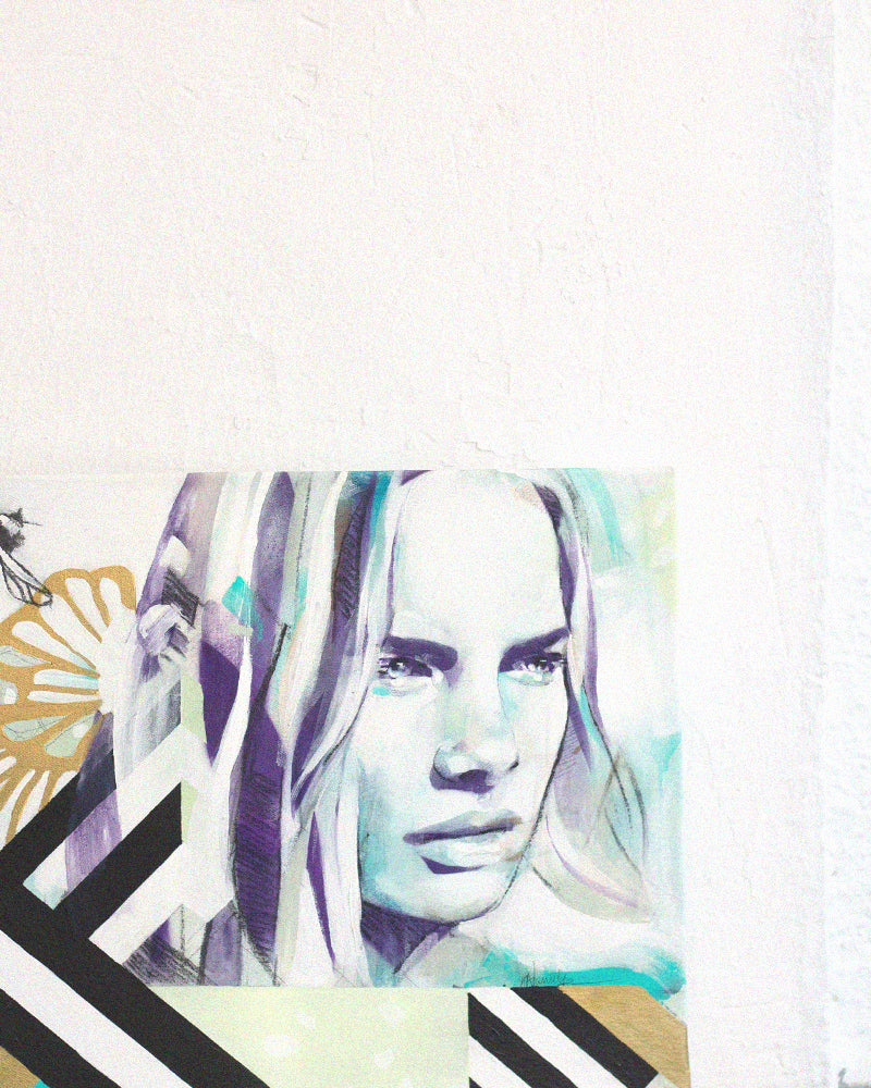 Corner of portrait painting with a woman with nature. Mediterranean setting in an interior, Ibiza Style Interior.