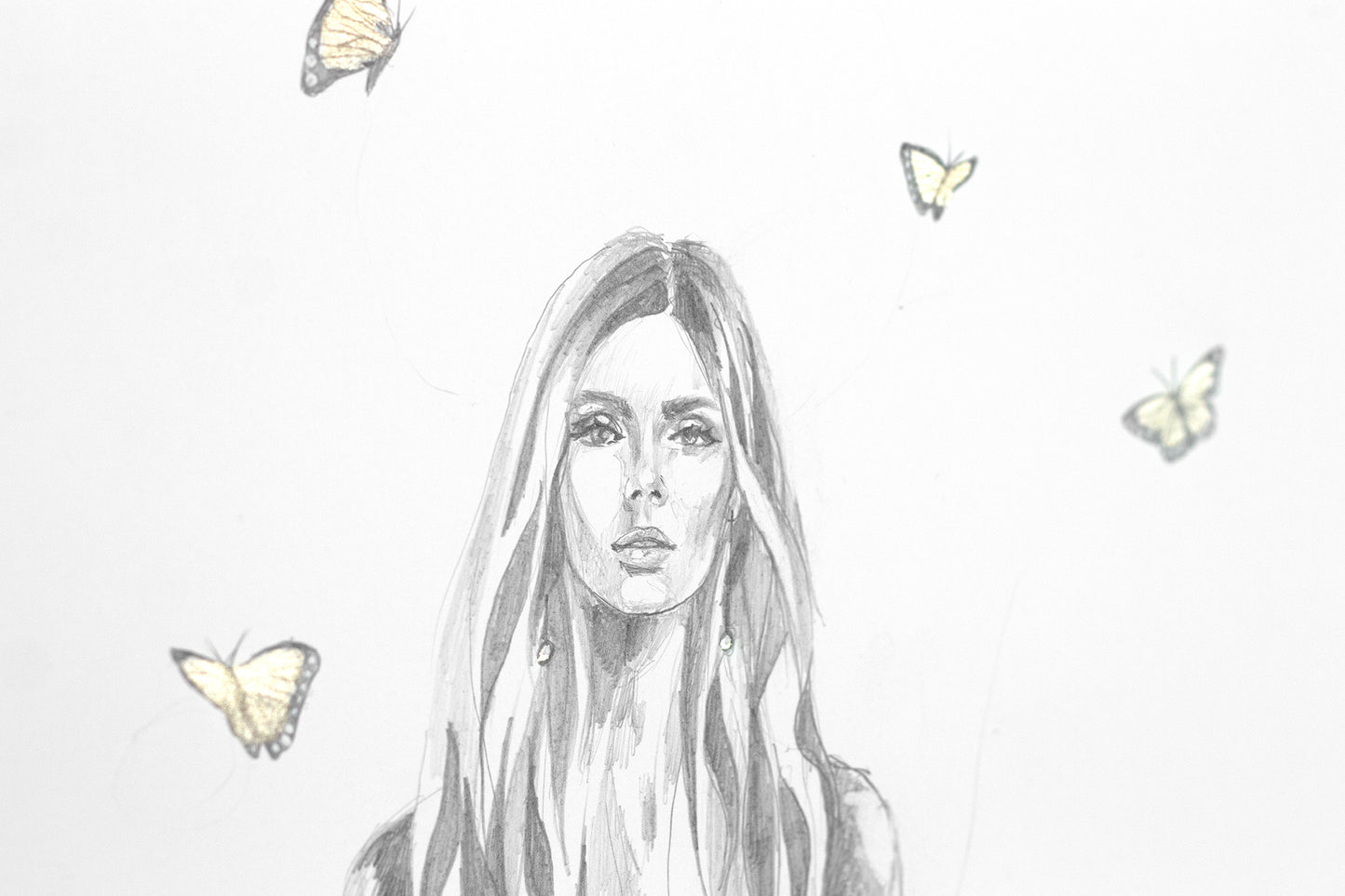 Close up detail of pencil lines and sparkling butteries in drawing Dreams in Flight.