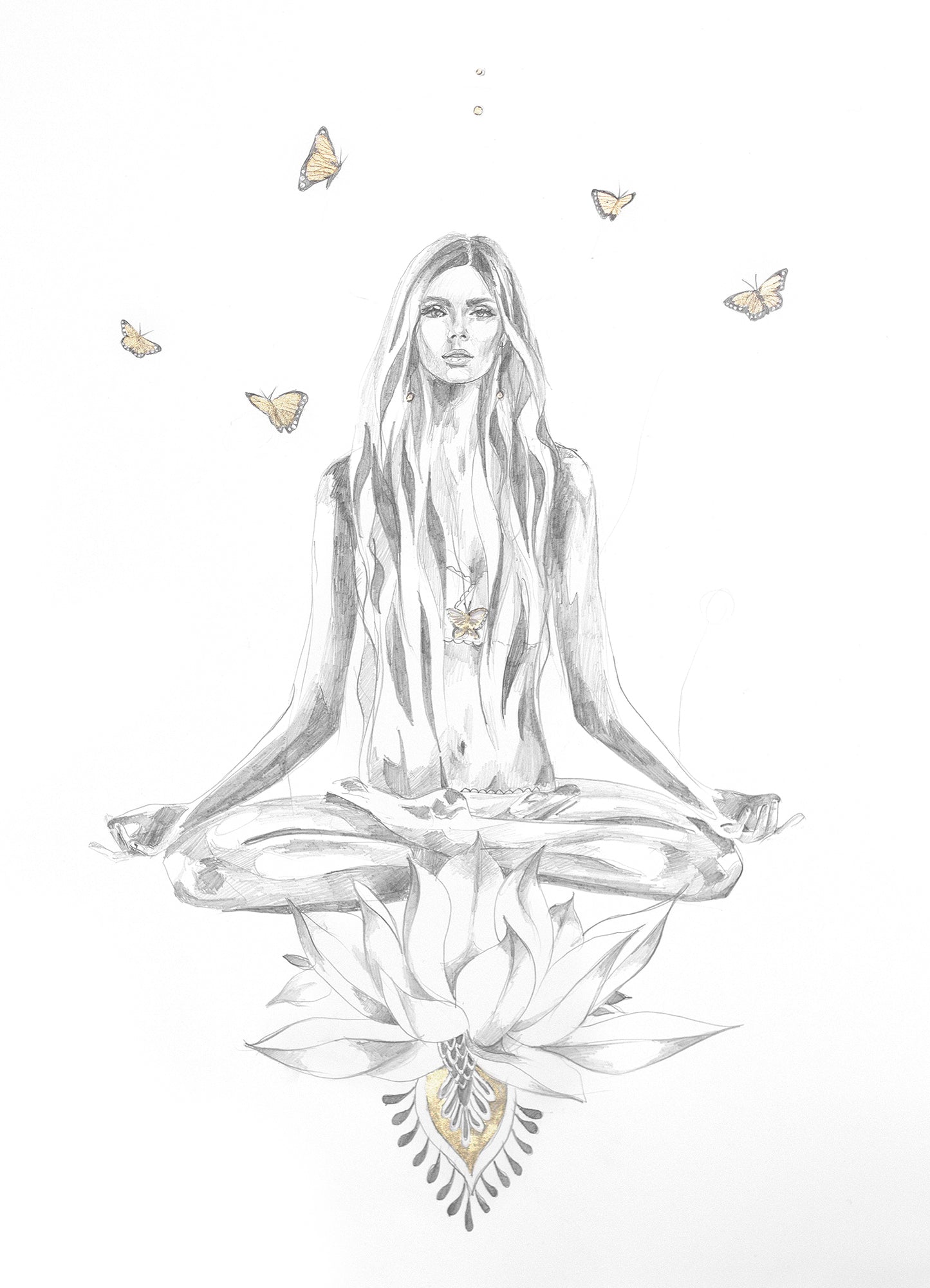 a yoga girl sits in lotus pose in peace. she sits upon a lotus flower while butterflies drift around her.