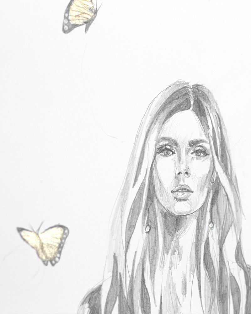 Close up detail of pencil lines and sparkling butteries in drawing Dreams in Flight.
