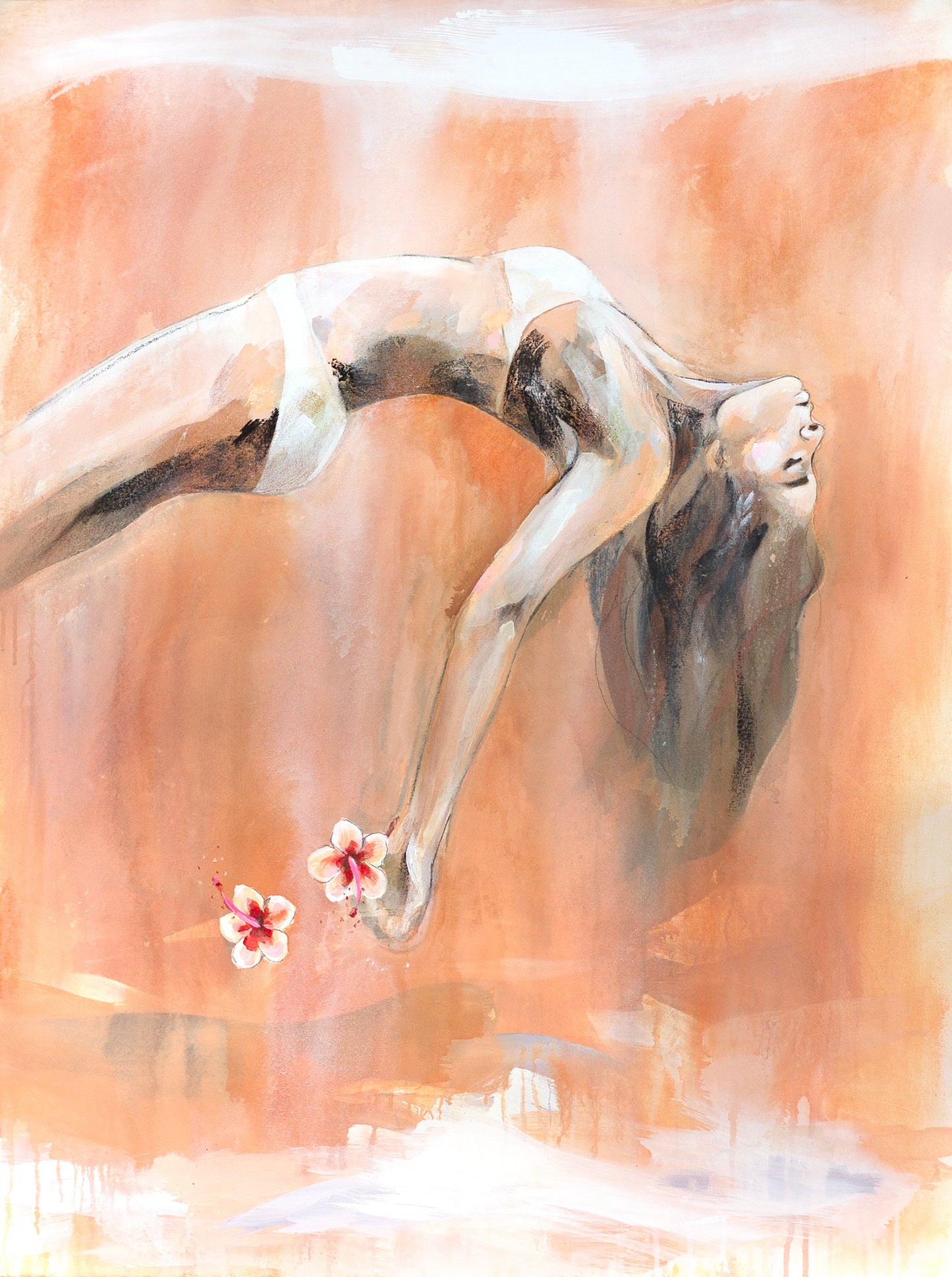 This is a painting of a woman in a graceful backbend, wearing minimal clothing, with her long hair flowing downward. She holds two delicate flowers in her hands, which appear to be floating. The artwork features warm, earthy tones of orange and beige, with soft brushstrokes and watercolor-like textures. The overall style is expressive and fluid, giving a sense of movement and serenity.