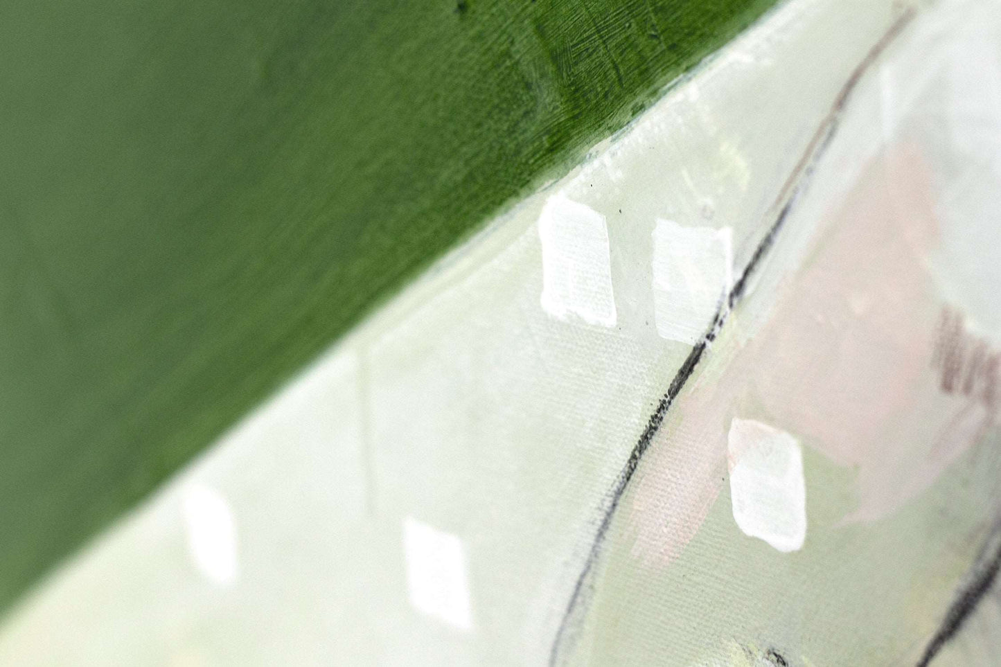 Close up detail of painting Flow. White squares on a green background.
