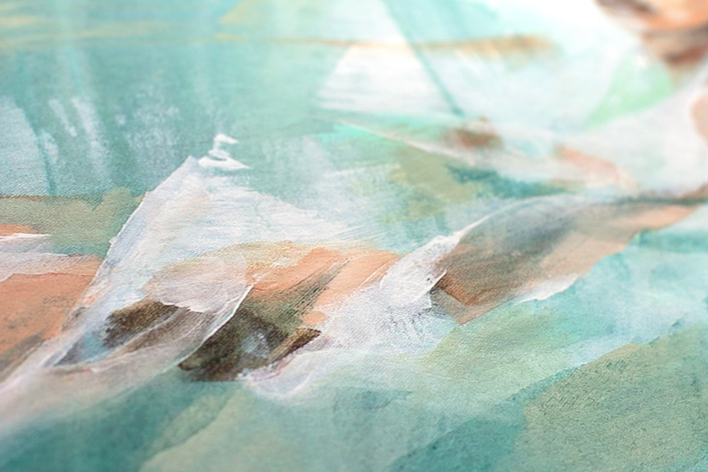 Close up detail of art print Fresh with brush strokes visible. White and turquoise waves.