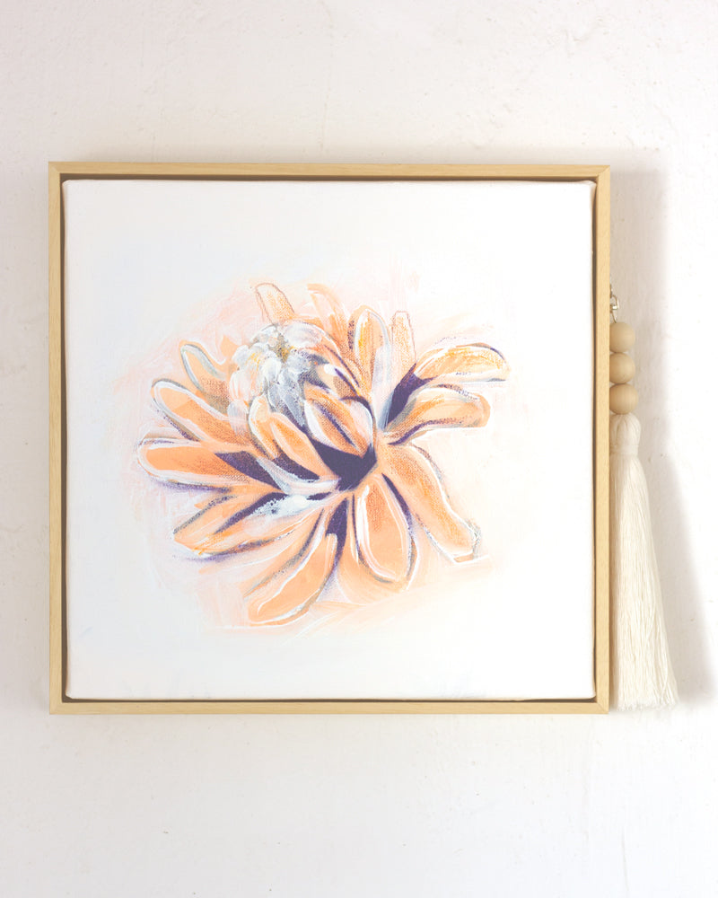 This artwork is a soft and expressive floral painting, capturing the delicate beauty of a blooming ginger flower with warm, earthy tones. The petals, painted in gentle shades of peach, amber, and white, are accentuated with subtle strokes of deep indigo, adding depth and contrast to the composition. The artist’s loose, flowing brushwork gives the piece an airy, organic feel, evoking the natural grace of the flower in full bloom.
Set against a minimalist white background, the painting allows the floral subj
