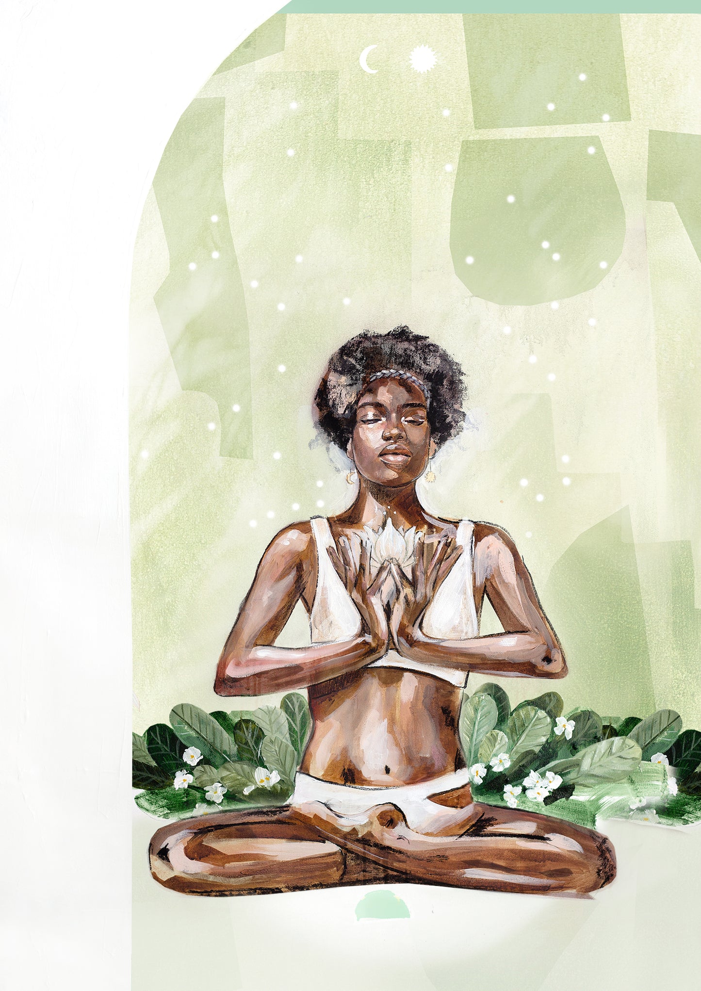 Art print of an African woman meditating holding a flower in a jasmine garden. Sitting in green with a white arch.