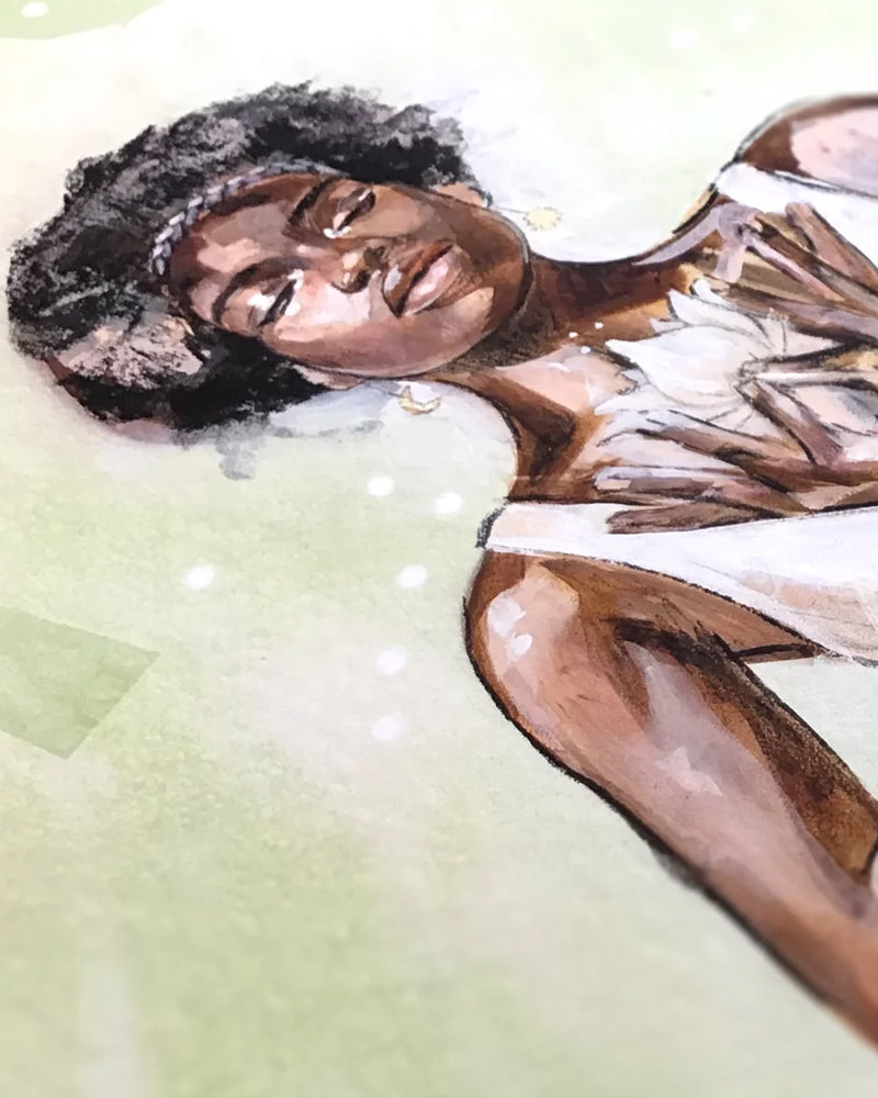 Close up detail of art print of a woman holding a flower in a sea of green.
