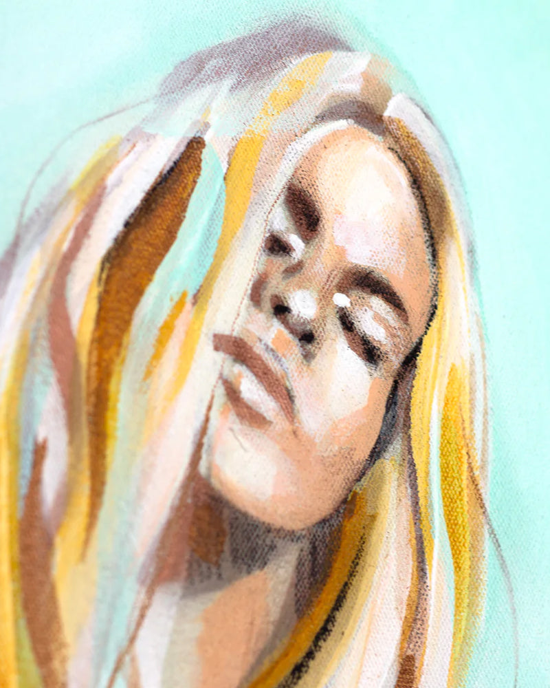close up of painting La Luna by Hannah Adamaszek. A bohemian woman face with blond hair.