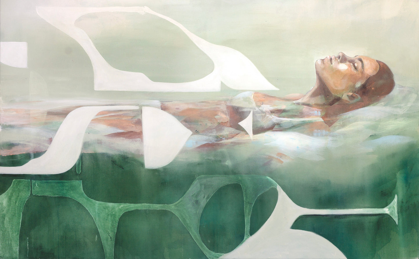 Abstract figurative painting titled Mediterranean Musing by Hannah Adamaszek, featuring a serene woman floating in water, surrounded by soft, flowing organic shapes in green and earthy tones. The composition blends realism with abstraction, evoking tranquility, nature, and a dreamlike atmosphere.