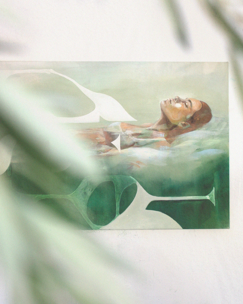 Mediterranean Musing Painting featuring a serene woman floating in green water, blending abstract realism and femininity in a tranquil setting.