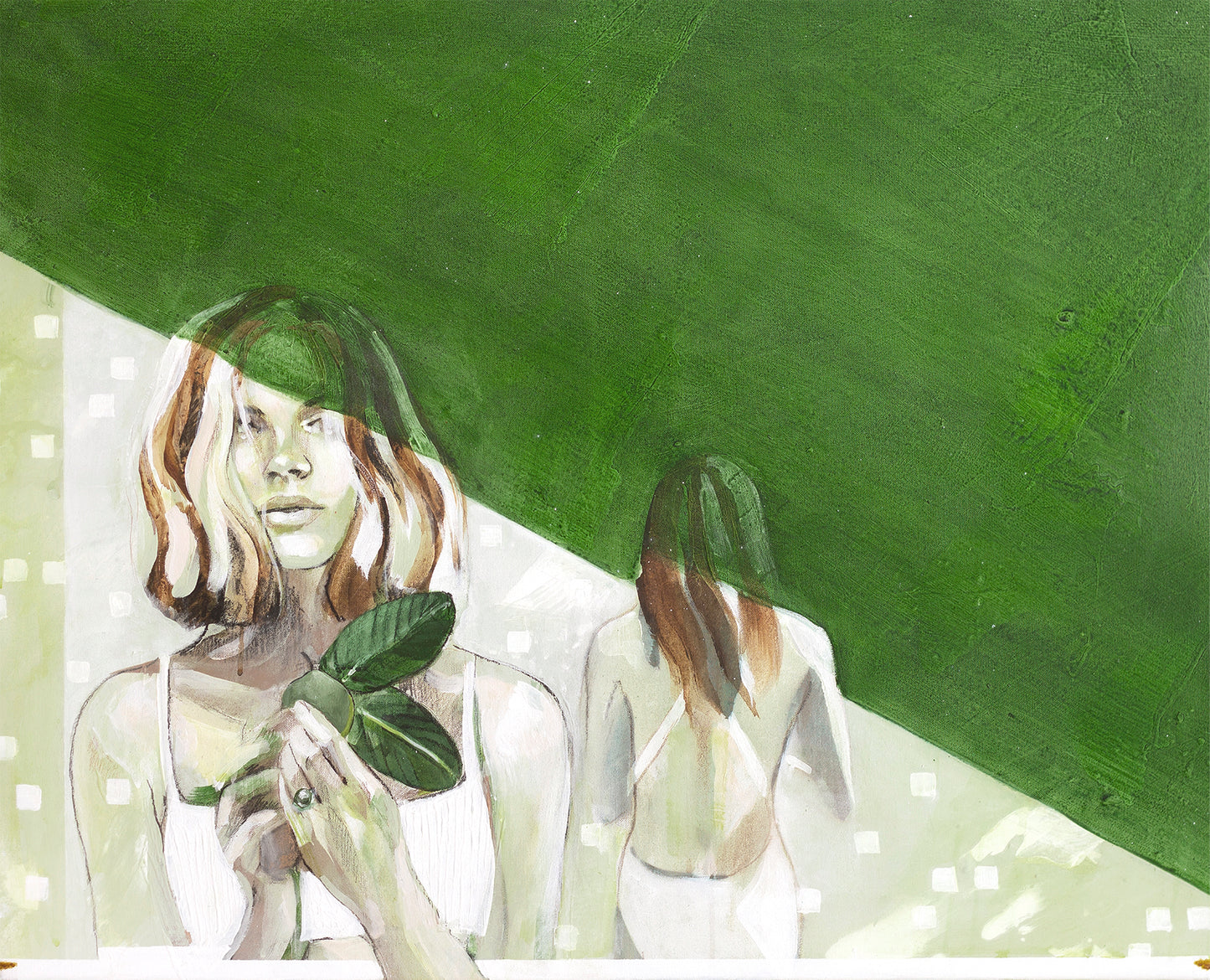 Green shadow over a womans face as she holds nature. Painting with lightness and positivity.