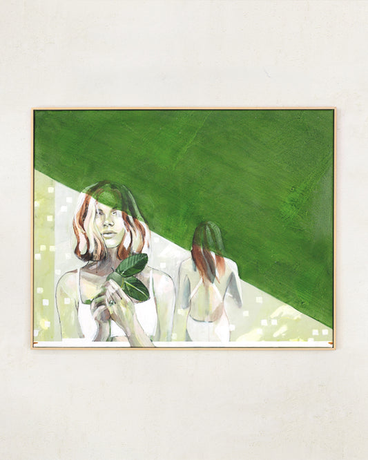 Green shadow portrait holding nature. Framed in wood on a white wall.