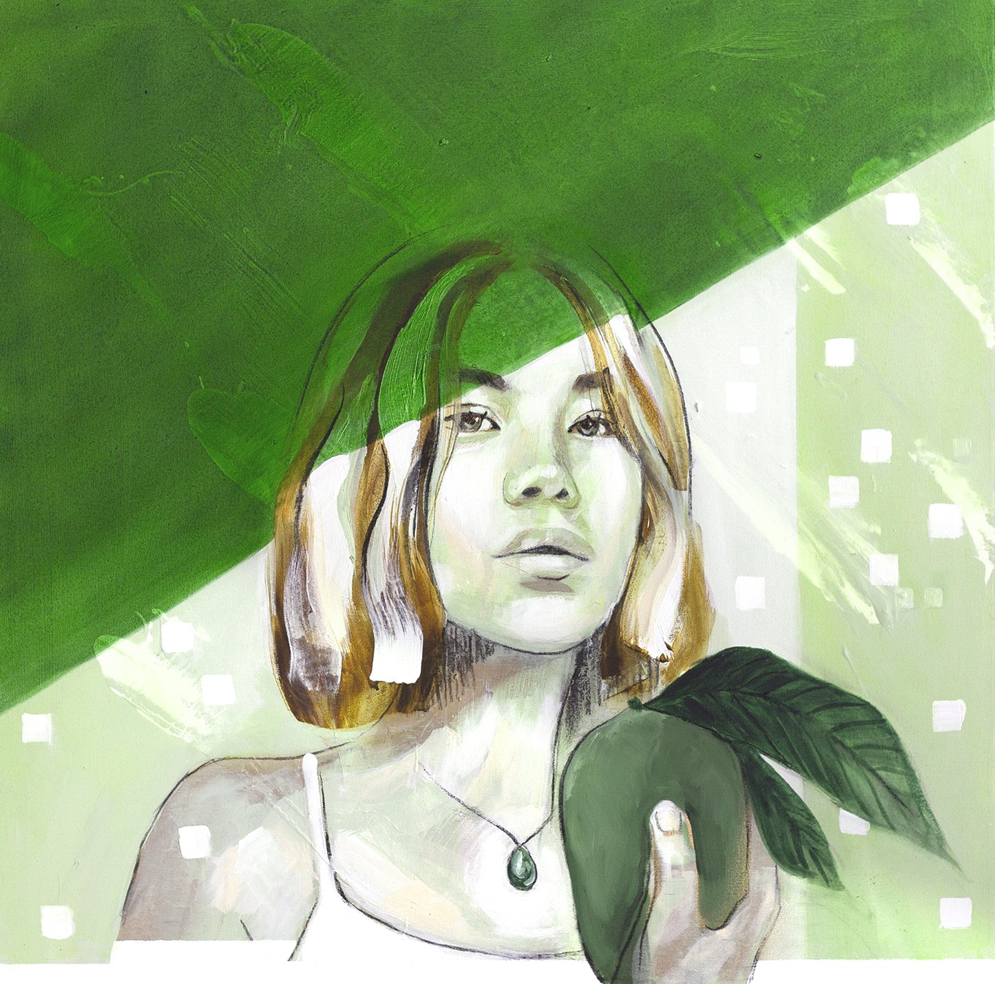 Painting of a woman with a green shadow. She is holding fruit surrounded by abstract elements