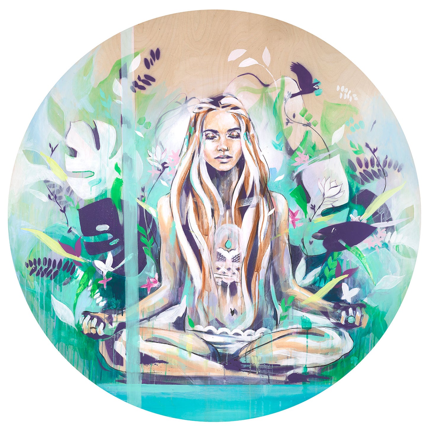 Art print of the painting seen in Boho Beautiful. A meditating girl sitting in a sea gf green and turquoise.