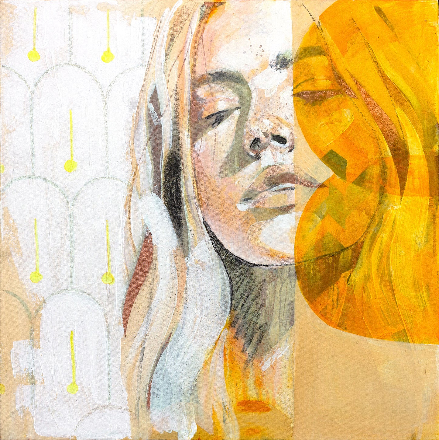 Warm portrait of a woman in a Mediterranean interior. Art print on Bamboo in a Mallorca style.