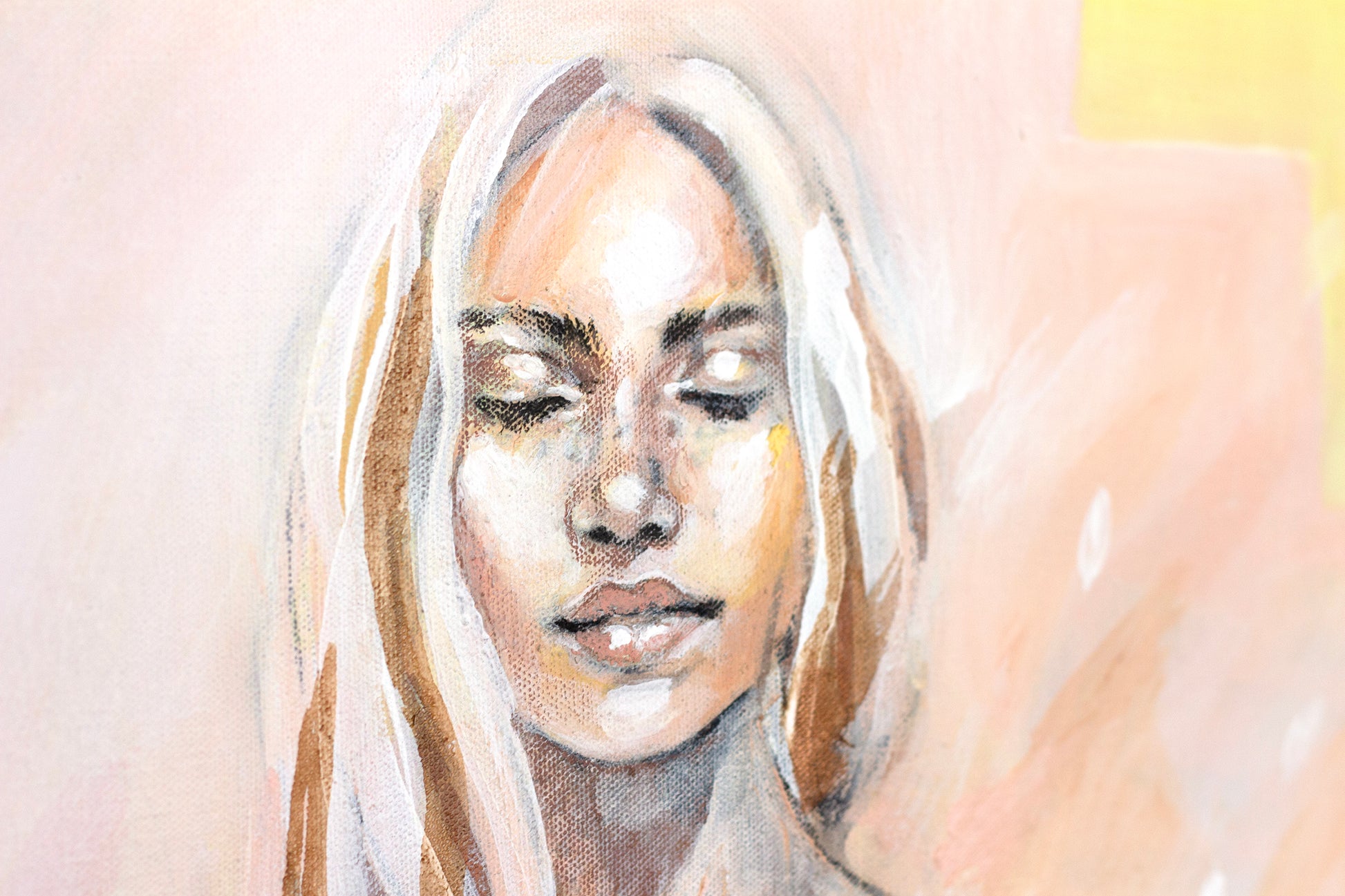 Close up detail of painting Apricot Glow. Canvas texture and brush strokes can babe seen.