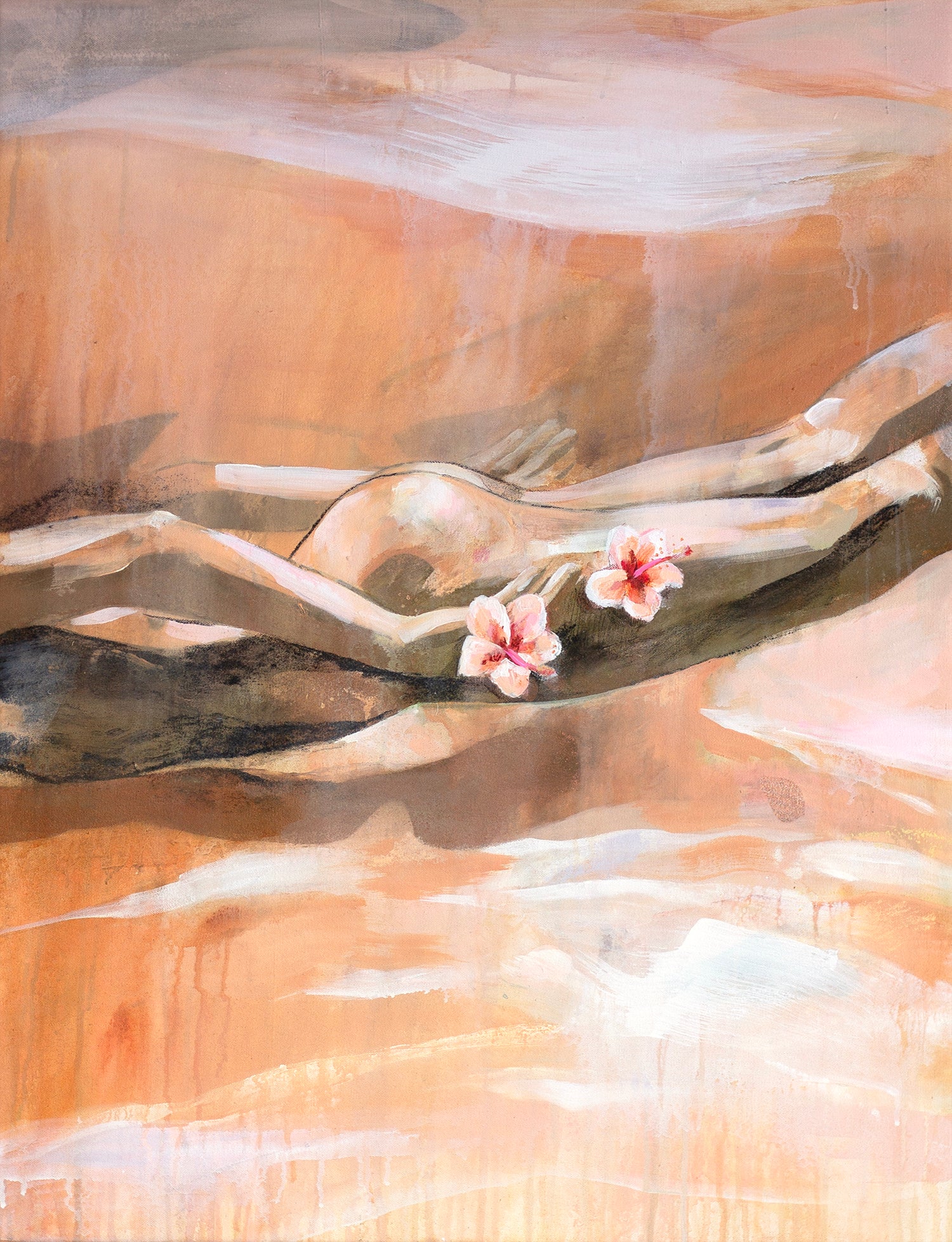 An abstract painting of a woman swimming underwater, holding two flowers, with warm earthy tones. 