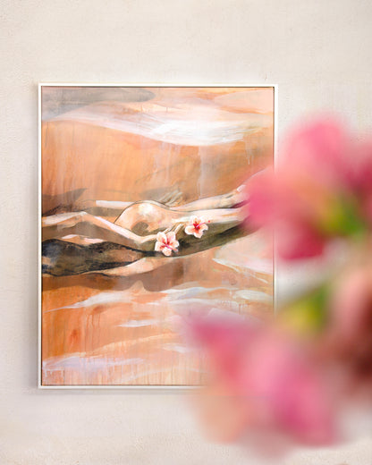 An abstract painting of a woman swimming underwater, holding two flowers, with warm earthy tones. Blurred pink flowers in the foreground add depth and framing.