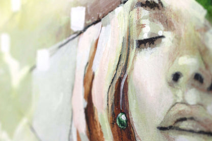 Close up detail of painting Balm by Hannah Adamaszek. A woman face and green earring can be seen.