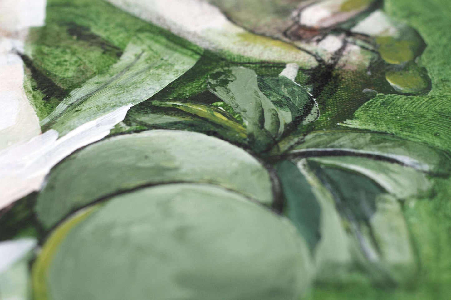 Close up detail in green hues of oranges in painting Balm y Hannah Adamaszek