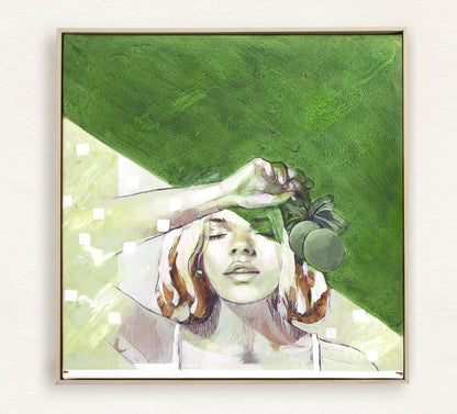 A woman, eyes closed in bliss, holds a citrus branch above her brow, bathed in dappled green light. The interplay of rich botanical hues and soft, golden highlights evokes a sense of warmth, renewal, and nature’s quiet embrace. Framed in a natural wood frame on a plaster wall.