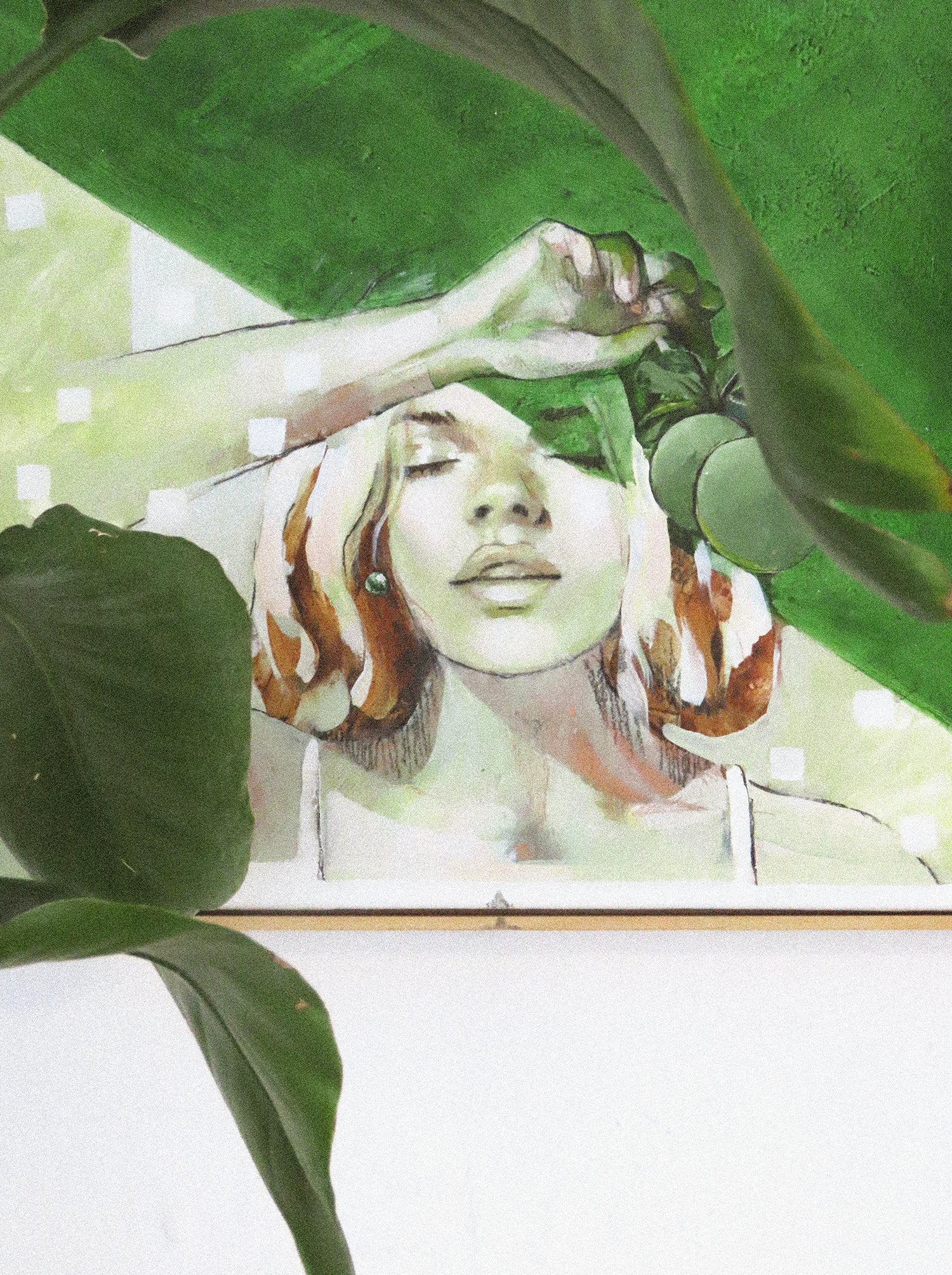 A woman, eyes closed in bliss, holds a citrus branch above her brow, bathed in dappled green light. Leaves frames the painting in an interior setting.