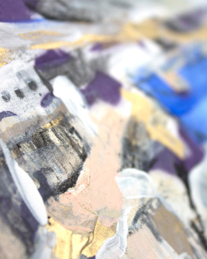 close up detail of painting Between Sea and Sky of the abstract rocks and white town that sit on them. Paint texture and golden glows can be seen.
