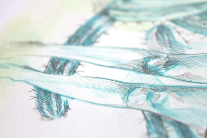 Close up detail of drawing Cactus Garden by Hannah Adamaszek with pencil lines and turquoise shades.