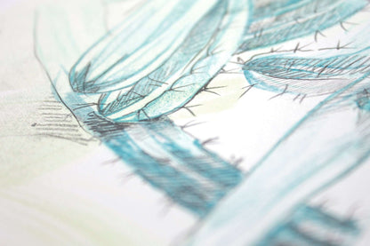 Close up detail of drawing Cactus Garden by Hannah Adamaszek with pencil lines and turquoise shades.