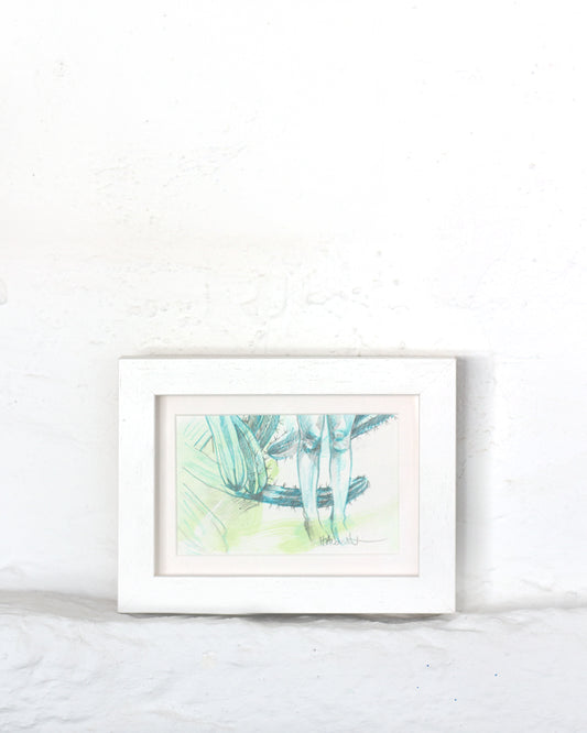 Drawing cactus garden in a white box frame on a plaster shelf with soft light. Legs are at one with nature in the cactus garden.