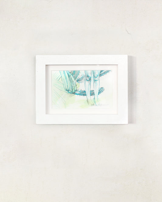 Drawing of a girls legs in the cactus garden. Drawing in turquoise and green in a white frame on a white wall.