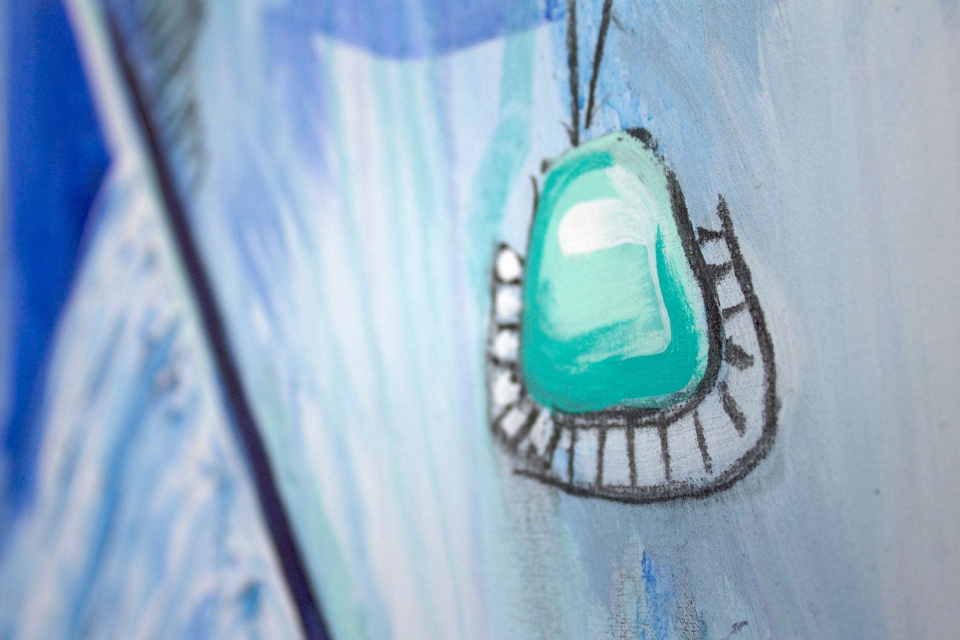 close up detail of a turquoise necklace in painting Clear Waters. Charcoal and brush strokes can be seen.