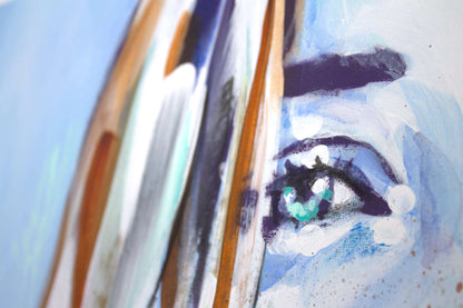 Close up detail of painting of an eye, with turquoise and blue. Spray paint and acrylic.