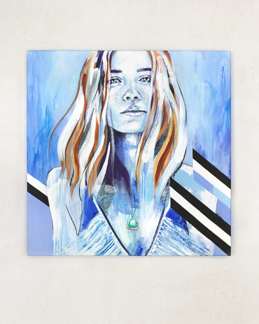 Blue portrait inspired baby the ocean. Geometric shapes with soft brush strokes. Hanging on a white wall.