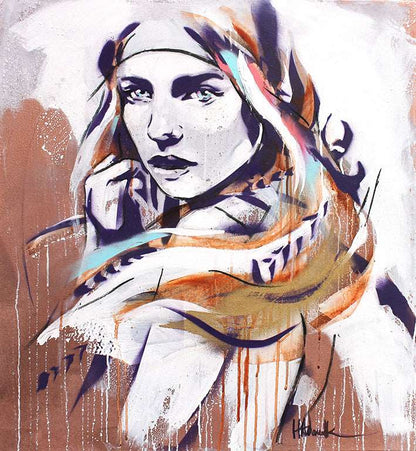 A wild spirit portrait painting of a bohemian girl. Earthy tones in a street art   style.