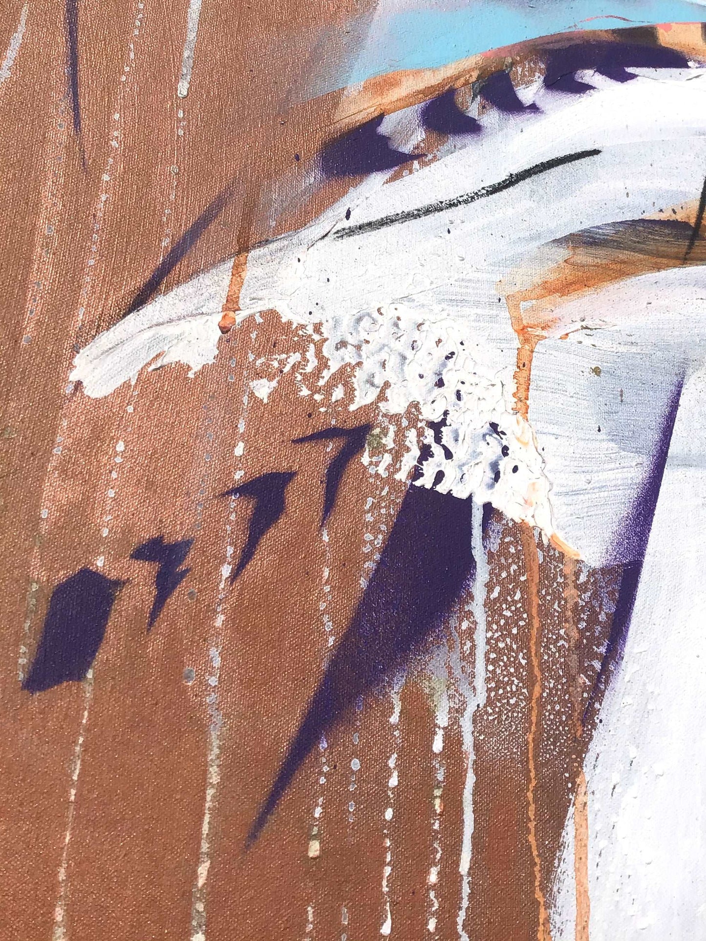 Close up detail of painting Desert Fox by Hannah Adamaszek. Drips and brush stokes are visible.