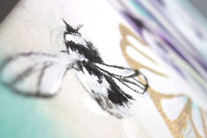 Close up detail of a bee drawn in charcoal on painting Dew Drops by Hannah Adamaszek.