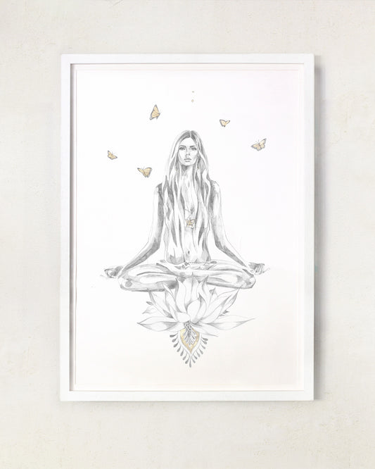 Drawing of a girl meditation in lotus pose with golden butterflies surrounding her. In a white frame on a white wall.