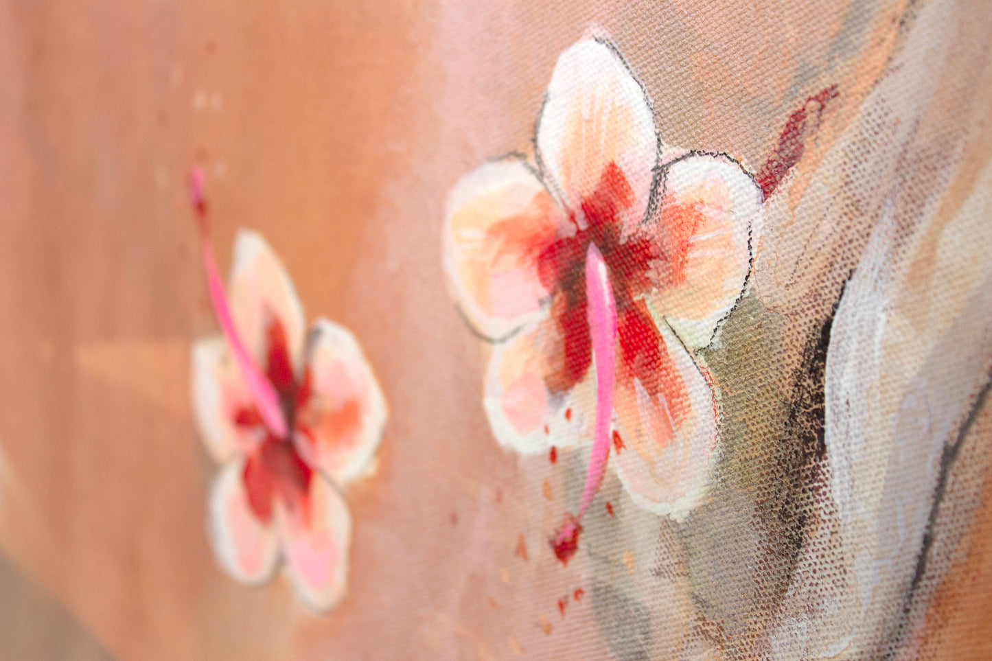 Close up detail of Duskfallen painting by Hannah Adamasek. Hibiscus flowers with neon pink.