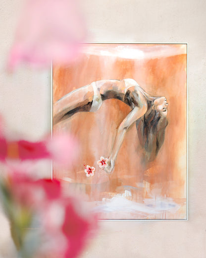 An abstract painting of a woman in a backbend, holding two flowers, with warm earthy tones. Blurred pink flowers in the foreground add depth and framing.