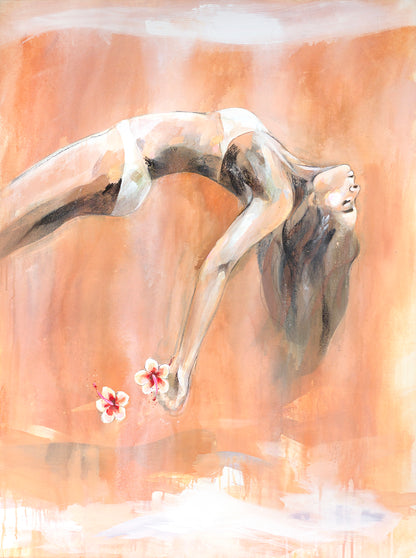 This is a painting of a woman in a graceful backbend, wearing minimal clothing, with her long hair flowing downward. She holds two delicate flowers in her hands, which appear to be floating. The artwork features warm, earthy tones of orange and beige, with soft brushstrokes and watercolor-like textures. The overall style is expressive and fluid, giving a sense of movement and serenity.