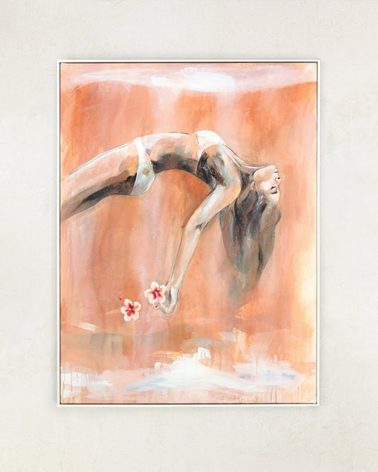 Sienna coloured underwater painting of a woman floating with flowers drifting with her. Framed in a white frame on a white wall