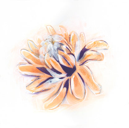 This artwork is a soft and expressive floral painting, capturing the delicate beauty of a blooming ginger flower with warm, earthy tones. The petals, painted in gentle shades of peach, amber, and white, are accentuated with subtle strokes of deep indigo, adding depth and contrast to the composition. The artist’s loose, flowing brushwork gives the piece an airy, organic feel, evoking the natural grace of the flower in full bloom.